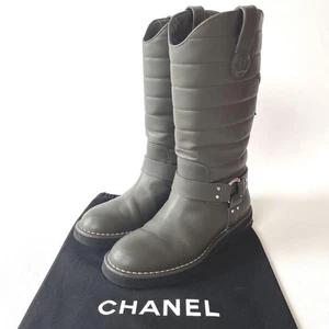 CHANEL Engineer Boots Shoes Women Size Star 36 COCO MARK Khaki leather - Picture 1 of 13