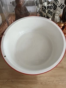 Vintage Enamelware Bowl/Basin White Red Trim 12” Farmhouse Rustic - Picture 1 of 4