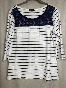 Tommy Hilfiger Womens T Shirt Top Stripes and Lace Navy Blue White Casual Large - Picture 1 of 7