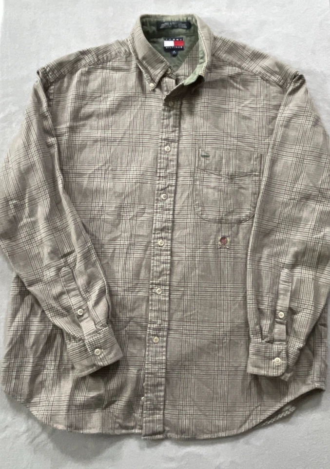 Camisa Tommy Hilfiger De Colección Para Hombres Grande Marrón Pata de Gallo Abotonada Cresta de Leones Foto 1 de 4