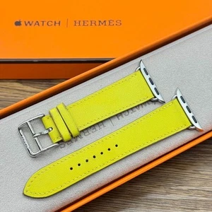 Hermès Apple Watch Yellow Lime Leather 41/40/38/42 mm Band - Photo 1 sur 6