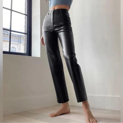 Aritzia Wilfred Melina Pants Vegan Leather 00 Black Straight Leg High Rise Shiny - Image 1 of 4