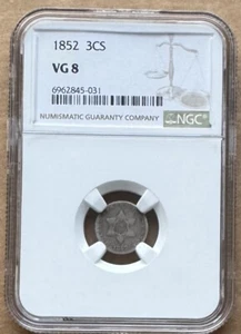 1852 3CS NGC VG 8 1852 THREE CENT SILVER 3c SILVER COIN - Picture 1 of 2