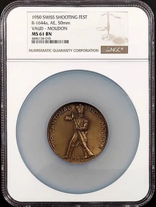 1950 Swiss Shooting Medal, R-1644a, AE, 50 mm, Vaud-Moudon, NGC MS 61 BN! - Picture 1 of 6