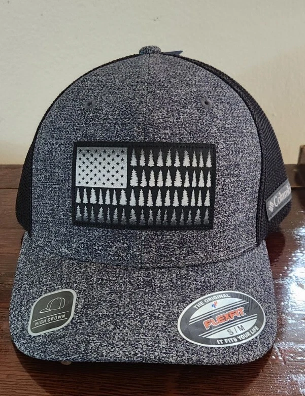 Columbia Mesh USA Tree Flag Flexfit Cap L/XL Tan/Black MINT Fitted Hat