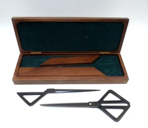 VINTAGE MCM ALCRAFT SCISSORS & LETTER OPENER SET w/TRIANGLE HANDLES in WOOD CASE - Picture 1 of 8