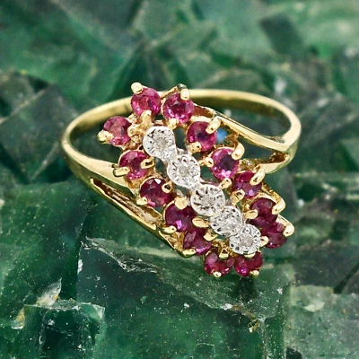 14k Yellow & White Gold Diamond & Ruby Gemstone Swirl Cocktail Ring Size 6 - Image 1 of 4