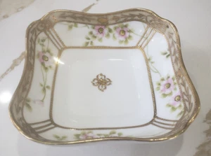 Vintage Nippon Hand Painted Porcelain Square Dish with Pink Roses & Gold Trim - Picture 1 of 10
