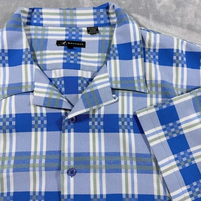 Montique Mens Blue Plaid Button Up Shirt 6XL Polyester Rayon Casual - Image 1 of 4