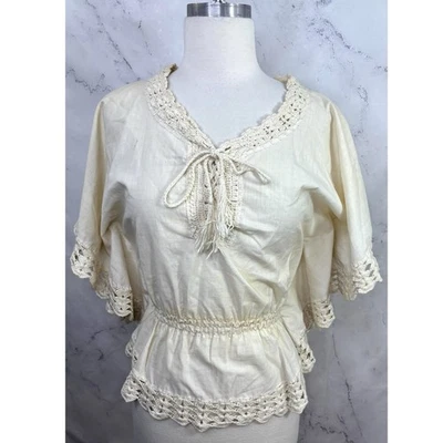 Vtg 60s 70s Peasant Blouse Top S Cream Crochet Batwing Sleeve Hippie Boho Folk - Image 1 of 4