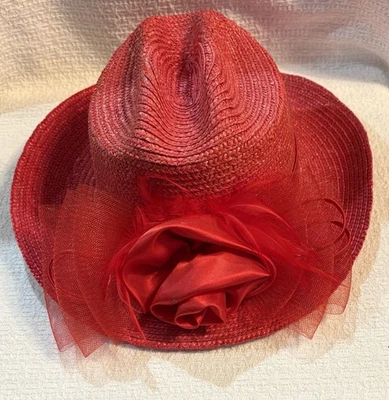 Sombrero de paja 100 % vintage para mujer con lazo rojo sombrero rojo damas Kentucky Derby sin marca Foto 1 de 4