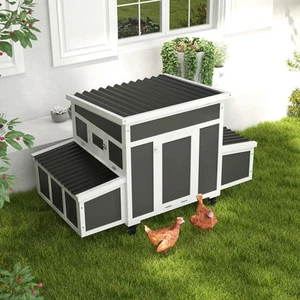 Wooden Chicken Coop with Nesting Box for 6 Chickens, Dark Gray - Picture 1 of 11