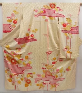 5018T12z960 Vintage Japanischer Kimono Seide FURISODE Chrysantheme Hellcreme - Bild 1 von 8
