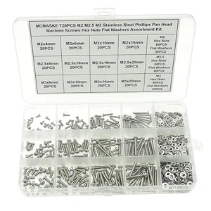 720PCS M2 M2.5 M3 Stainless Steel Phillips Pan Head Machine Screws Nuts Flat Was - Picture 1 of 7