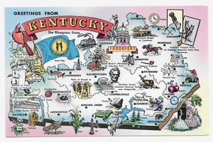Postcard KY Kentucky State Map, Flag Bird with Great Feature Illustrations — D29 - Bild 1 von 2