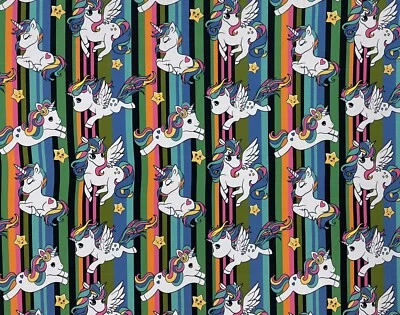 STRIPED BABY UNICORN ON STRETCH JERSEY FABRIC MATERIAL 60" WIDTH BY THE METRE - Image 1 of 4