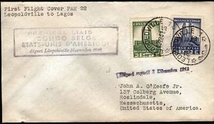 1941 LEOPOLDVILLE CONGO AFRICA LAGOS NIGERIA FAM 22 FIRST FLIGHT COVER FFC STAMP - Picture 1 of 2
