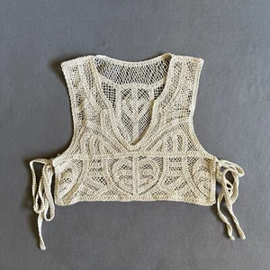 Unbranded Crochet Top Size M Beige Cropped Tie Closure - Picture 1 of 17