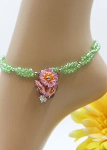 Fußkettchen Fußkette Blüten Kirschblüte Strass Perlen Lampwork Frühling #JA081 - Bild 1 von 6