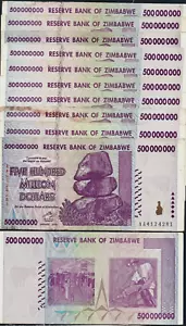 Zimbabwe 500000000 2008 x 10 Pcs Lot 500 MILLION DOLLAR 100 Trillion Series NOTE - Picture 1 of 4