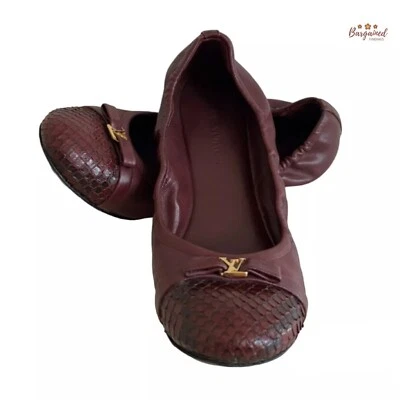 Auténtico Louis Vuitton Cuero Granate Punta de Reptil Arco Scrunch Ballet Pisos 36.5 Foto 1 de 4