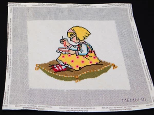 Completed Needlepoint Canvas MEMW-01 Girl Stitching Sitting on Cushion 9x10.5" - Picture 1 of 5