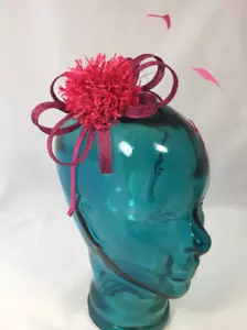 New Handmade Fushia Pink Floral Feather Sinamay Fascinator Headband - Picture 1 of 8
