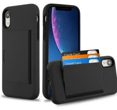 for iPhone XR 6.1" - Black Hybrid Credit Card ID Pocket Holder Nonslip Skin Case - Image 1 of 4