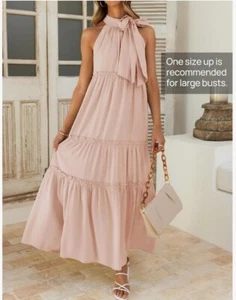 Womens Summer Maxi Dress Sleeveless Halter Neck Flowy Ruffle Hem Long Boho Dress - Picture 1 of 7