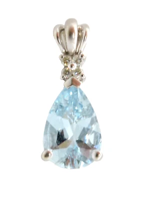 14k White Gold Pear Cut Blue Aquamarine Gemstone Diamond Accent Pendant Estate - Image 1 of 4