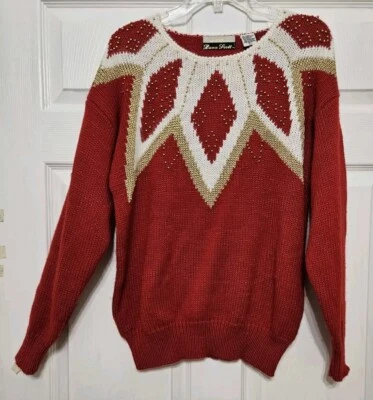 *Suéter grande, rojo y blanco para mujer con adornos dorados Foto 1 de 4