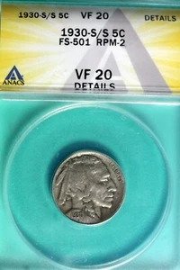 1930 - S/S ANACS VF20 DETAILS FS-501 RPM -2 Buffalo Nickel!! #B25078 - Picture 1 of 2