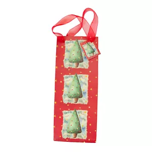 Frohe Weihnachten Baum groß rot Papier Geschenktüte 13" Wein Beuteltasche mit transparentem Griff Etikett - Bild 1 von 4
