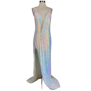 Jovani Women's Formal Dress Size 4 White Sequined Backless Thigh Slit Long Gown - Picture 1 of 12