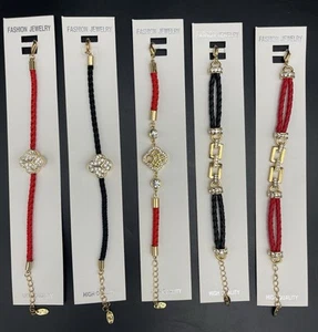 Braided Red & Black Rope Bracelets Gold Plated with Rhinestones Charms Lot of 5 - Picture 1 of 5