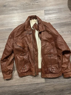 复古 Chia 皮革夹克男式棕色大号飞行员摩托车轰炸机 80 年代 90 年代 — 第 1/4 张图片