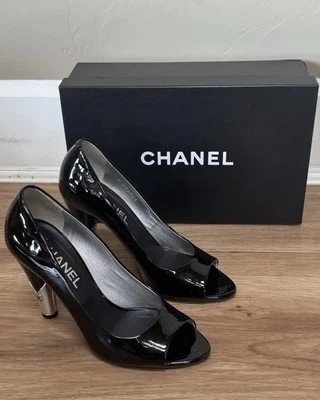 CHANEL Black Patent Leather Peep Toe CC Logo Silver Heel Pumps, Size 37 - Image 1 of 4