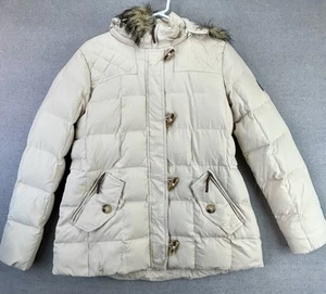 Vintage Lauren Ralph Lauren Puffer Jacket Fur Lined Hood M Ivory Full Zip - Picture 1 of 20