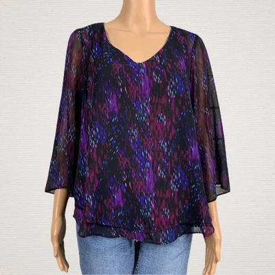 Jennifer Lopez Sz XS Sheer Multicolor Abstract Print Layered Flowy Blouse Shirt - Image 1 of 4