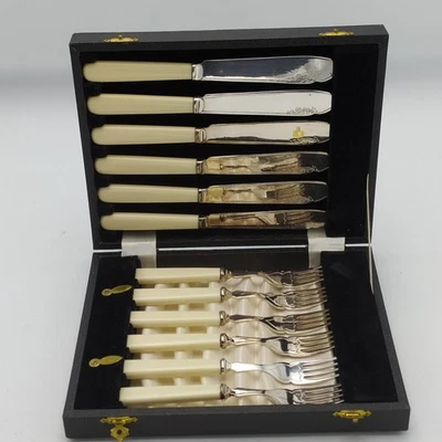 Vintage Faux Ivory Handle Cutlery Set 12pc Knives Forks Silver Plated Boxed - Image 1 of 4