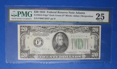 Series of 1934 $20 *Star* Federal Reserve Note Atlanta, GA ~ PMG Graded 25 VF - Image 1 of 2