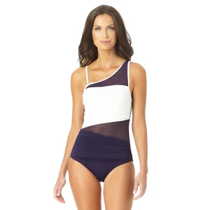 Anne Cole Asymmetrical Shirred Mesh Panel Insert One-Piece L86533 Womens Size 8 - Picture 1 of 4