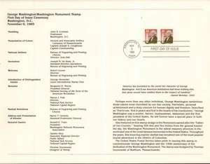 US 1985 WASHINGTON MONUMENT FDC CEREMONY PROGRAM 2149 COIL - Picture 1 of 2