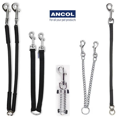 Ancol Double Dog Coupler Couple Lead Twin Black Single Bungee Chain Steel Absorb - Image 1 of 4