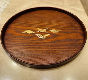 Japanese Lacquer Wooden Tray Round Handmade Urushi Finish Cranes Design Japan - Picture 1 of 7
