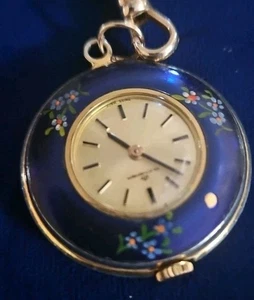 Vintage Bucherer Pendant Watch Gold with Enamle Flowers Swiss Made - Picture 1 of 5