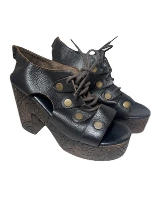 Free People Farrah Clog Leather Size 7.5 USA/EUR 38 Carved Wood Lace Up Sandals - Image 1 of 4