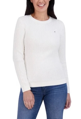 Tommy Hilfiger женщин Crewneck кабель вязаный свитер S, M, L, XL темно-синий слоновой кости, фиолетовый - Изображение 1 из 4