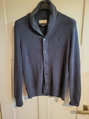 Suéter cardigã vintage masculino original colarinho xale pinguim M azul/cinza - Imagem 1 de 4