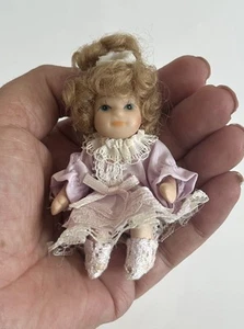 Vtg Dollhouse Miniature Artisan Jointed Porcelain Doll 3” Girl Curly Blonde - Picture 1 of 7
